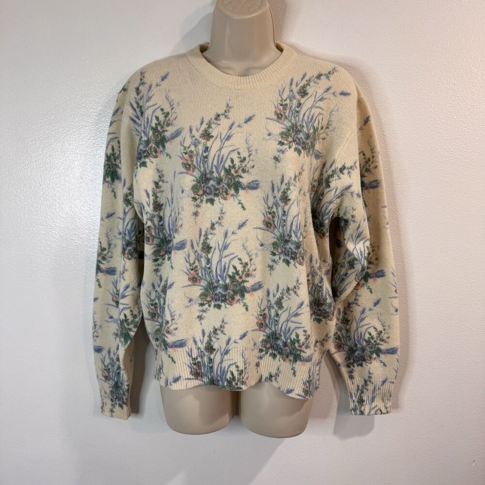 Vintage Talbots Sweater L 100% Lambswool Knit Pastel Floral Grandma Cottagecore